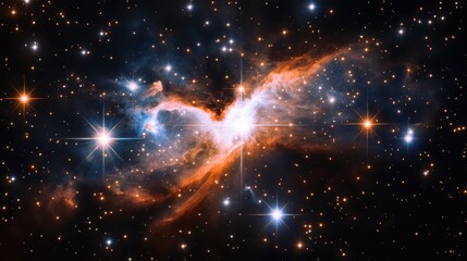 Glowing nebula in shades of pink and blue, surrounded by bright stars in a dark void, evoking mystery copy space, space haze, ethereal, Blend mode, interstellar cloud backdrop