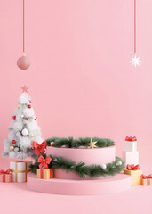Christmas 3D decorative podium template with a pink background.