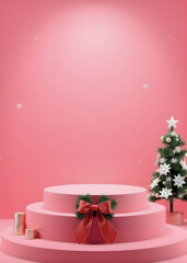 Christmas 3D decorative podium template with a pink background.
