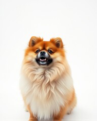 Obraz premium Cute brown small breed pomeranian dog white background