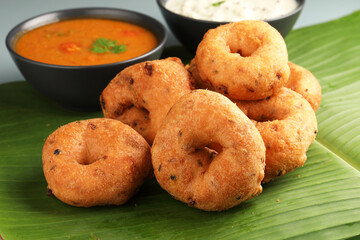 Traditional breakfast of South India IDLY VADA served with sambar Chutney  