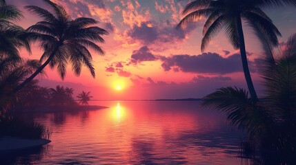 Obraz premium A beautiful sunset over the water with palm trees and reflections