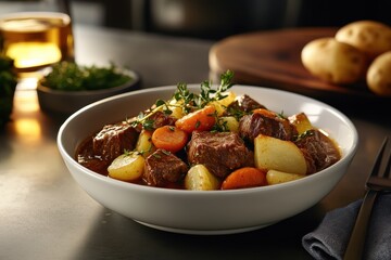 A hearty bowl of beef stew with vegetables, ideal for a comforting meal.