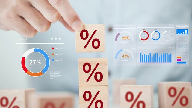 Business man chooses a wood cube block on top with percent symbol icon , concept of financial , Interest rate and mortgage rates
