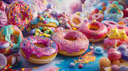 A Whimsical and Colorful Array of Artisan Donuts Set Against a Festive Background Full of Joy and Indulgence