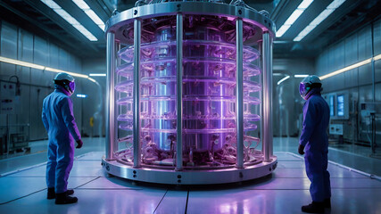 Engineers in suits inspect a massive futuristic quantum energy reactor, housed in a sleek glass and steel enclosure that glows with bright blue and purple quantum light