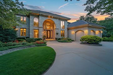Luxurious suburban mansion stone and siding exterior arched windows warm interior lighting