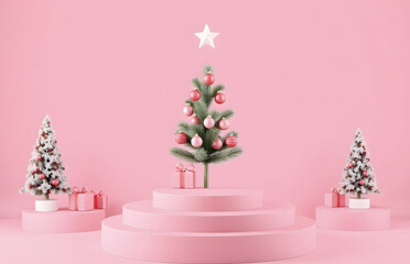 Christmas 3D decorative podium template with a pink background.