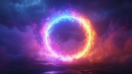 Obraz premium Multicolored neon glowing circle on a black background with fog. Background for text. Advertising banner.