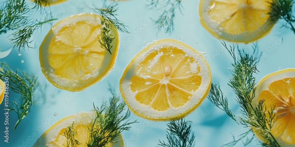 Aufkleber floating lemon slices and dill in water create a refreshing and vibrant visual.
