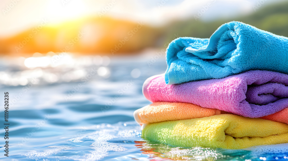 Poster a vibrant stack of colorful towels resting on the water's surface, illuminated by a warm sunset, evo