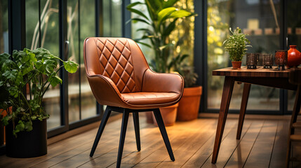 Obraz premium Comfortable chair and plant on a table in a modern dining room