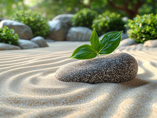 a zen garden which stone with green leaves on it, placed on a bed of sand in a garden setting. The background features blurred green plants and rocks