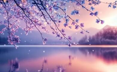 A beautiful tree branch with white leaves and purple and blue flowers
