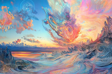 An illustration that combines realistic landscapes with elements of fantasy. His realistic landscapes intertwine with surreal creatures and glowing lighting effects, creating a seamless blend of reali
