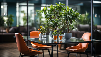 Fototapeta premium Comfortable chair and plant on a table in a modern dining room