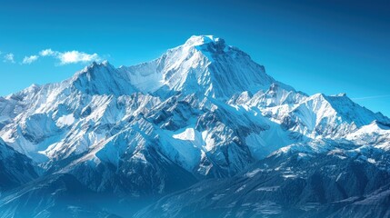 High-end photography of a majestic mountain range covered in snow under a clear blue sky