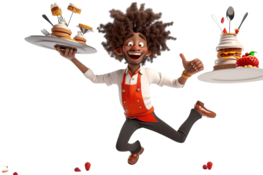Cheerful Young Waiter Ready to Serve in a Vibrant Cartoon Style for Restaurant Marketing and Hospitality Promotions