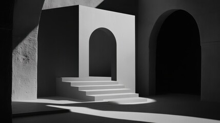 Fototapeta premium Minimalist grayscale image of a white architectural structure with stairs and arches, sunlit.