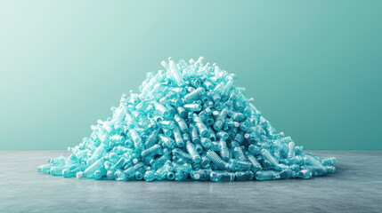 Overconsumption, A heap of turquoise plastic bottles sits on a gray surface against a soft green backdrop, highlighting issues of waste and environmental impact.