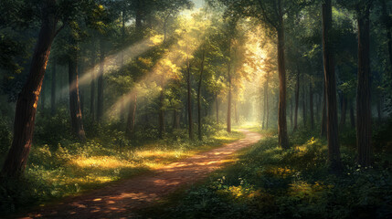 Fototapeta premium A Journey Through the Sunlit Forest Path 