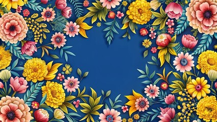Vibrant Floral Border Design with a Deep Blue Background, Ideal for Invitations or Decorative Purposes