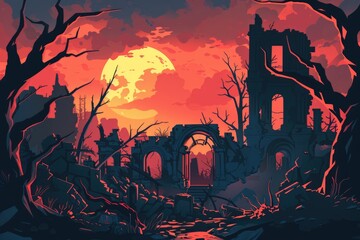 Ruined Cityscape Underneath an Orange Moon