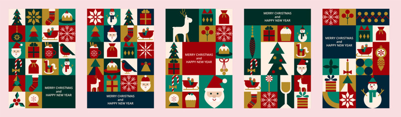 Collection 5 colorful celebration vertical cards or posters for Christmas and New Year in trendy flat style. Festive symbols stylized with geometric shapes. For invitation, cover, flyer