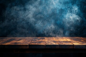Thick white smoke or steam falls on the rough wood table. Podium for advertising men's brutal products.