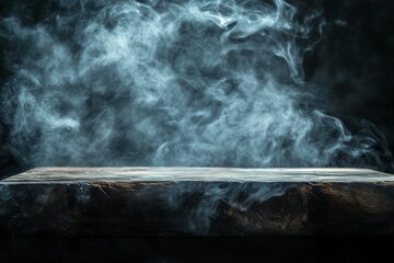 Thick white smoke or steam falls on the rough wood table. Podium for advertising men's brutal products.