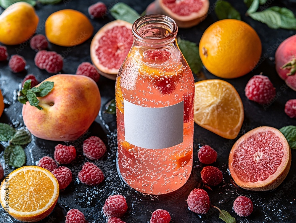 Wall mural A refreshing drink in a glass bottle surrounded by fresh fruits like raspberries, oranges, and peaches, set against a dark background.