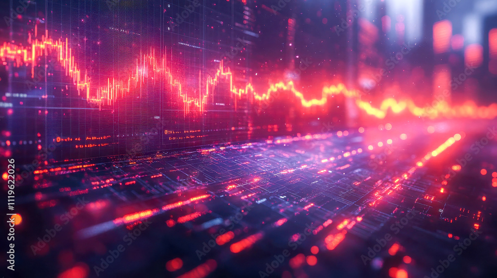 Poster detailed forex trading chart in red tones with glowing data points, representing dynamic market move
