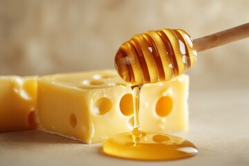 Transparent honey drips onto a cheese from a honey spoon. An environmentally friendly farm product. Dessert with honey. Cheese with caramel. Wallpaper with delicacy.