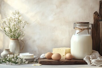 Farm products stand on a table on a beige background. Milk, cheese, butter and eggs, organic products. Wallpaper with Dairy products. Copy space.
