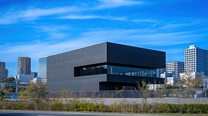 Obraz premium Modern black building against cityscape.
