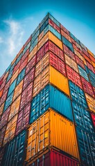 Fototapeta premium Towering Stacks A Multitude of Colorful Shipping Containers Against a Vibrant Blue Sky