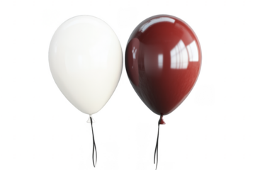 Two balloons floating, one white and one brown, with strings, isolated on a transparent background