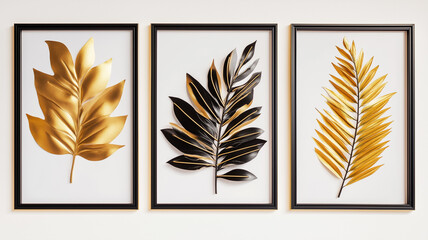 Three frames on the wall with golden leaf, golden and black leaves in different sizes. Modern art design. White background