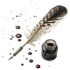 Feather quill pen with ink bottle and drops on white background