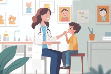 Fototapeta premium Pediatrician Examines Child in Calm Clinic Setting with Warm Decor and Child-Friendly Artwork