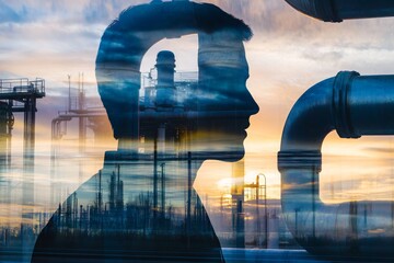 Silhouette of a Person Against an Industrial Background During Sunset, Capturing the Intersection of Human Thought and Manufacturing Processes in an Urban Setting