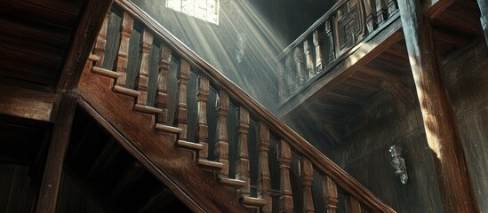 Fototapeta premium Sunlight streaming through a window onto a wooden staircase in an old house.