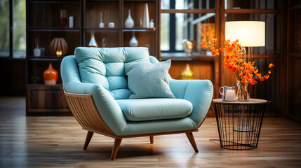 Comfortable elegant sofa armchair on wooden floor in Modern home interior