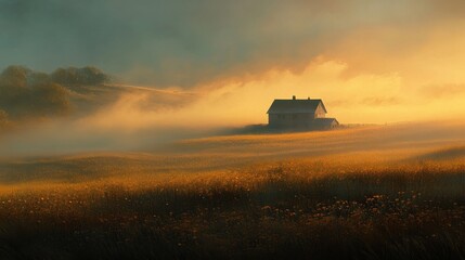 Fototapeta premium Misty sunrise over a lone house in a golden field.
