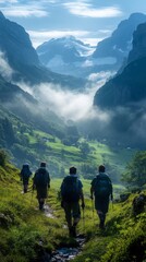 Obraz premium People go hiking against the backdrop of mountains and pastures. Travelers walk near the foot of the mountains with fog.