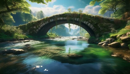 Fototapeta premium An ancient stone bridge arches over a flowing river. 