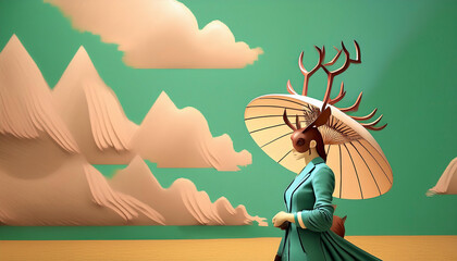 Deer concept and surreal scene. Digital illustration, manipulation.