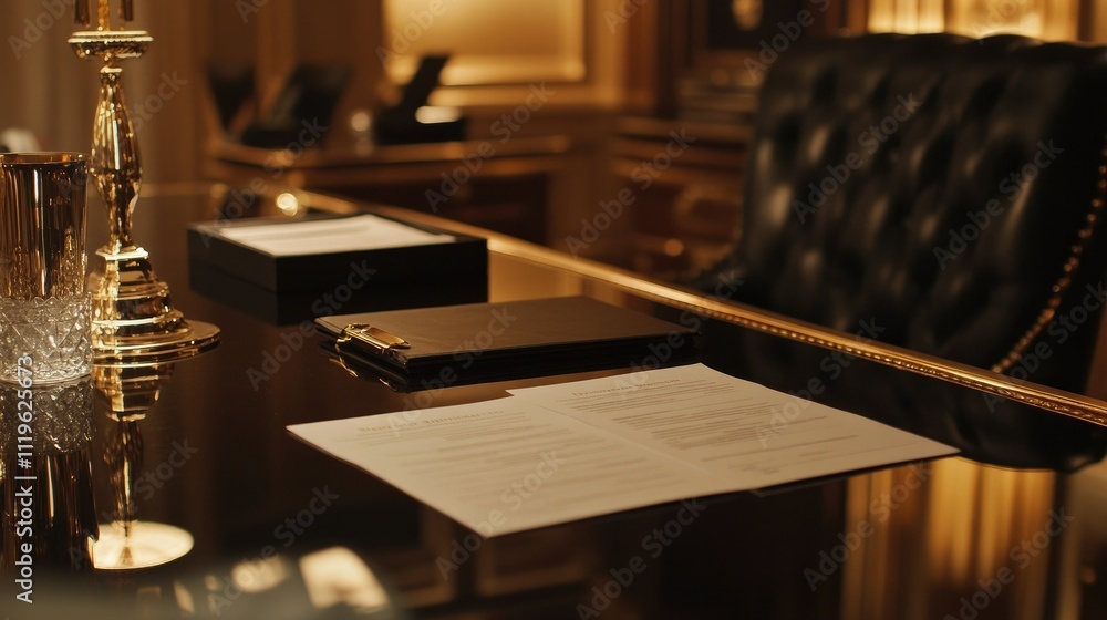 Poster formal business setting with an empty contract on a conference table, emphasizing professionalism an
