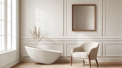 Modern minimalist bathroom interior with bathtub, armchair, and framed mirror.