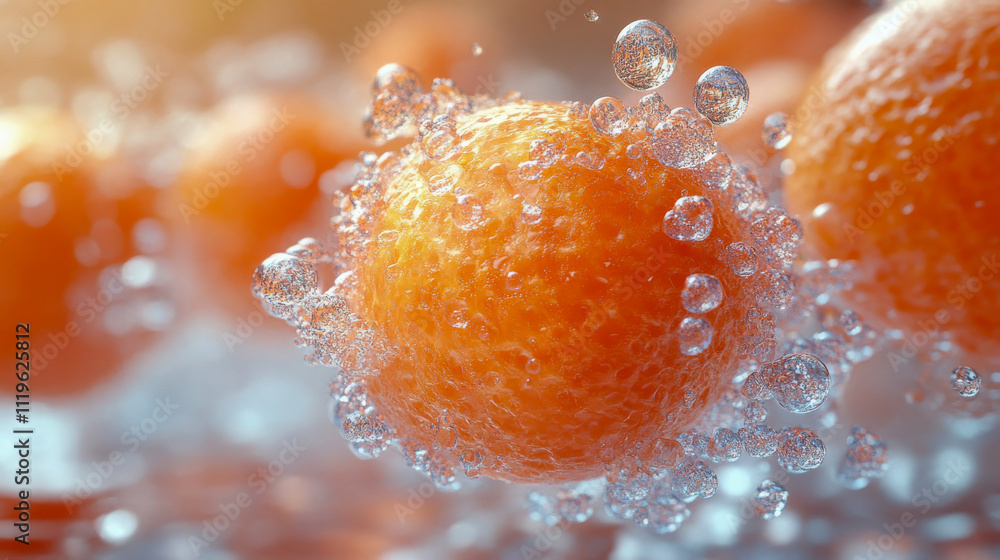 Poster macro view of orange spheres submerged in sparkling water, surrounded by bubbles and glowing light r
